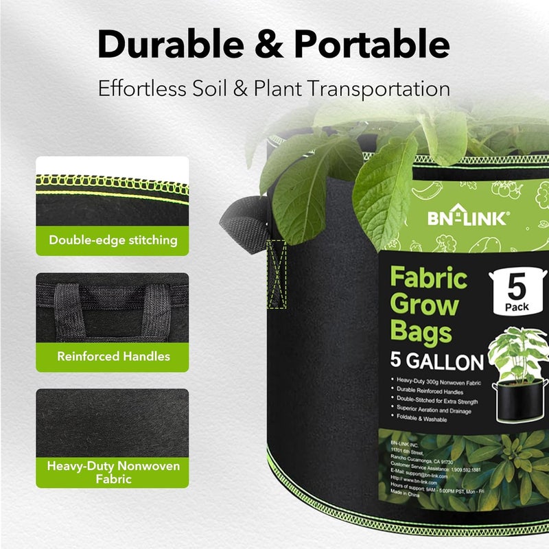 BN-LINK 5-Pack 5 Gallon Grow Bags, Heavy Duty Aeration Fabric Pots with Handles, Thickened Nonwoven Plant Bags for Vegetables, Flowers, Fruits - Image 3